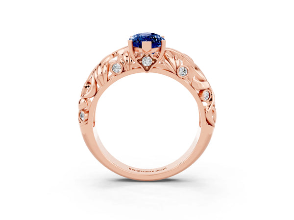 Rose gold Marquise Cut Solitaire Blue Sapphire Leaf-Inspired Vine Band Ring with Prong Setting