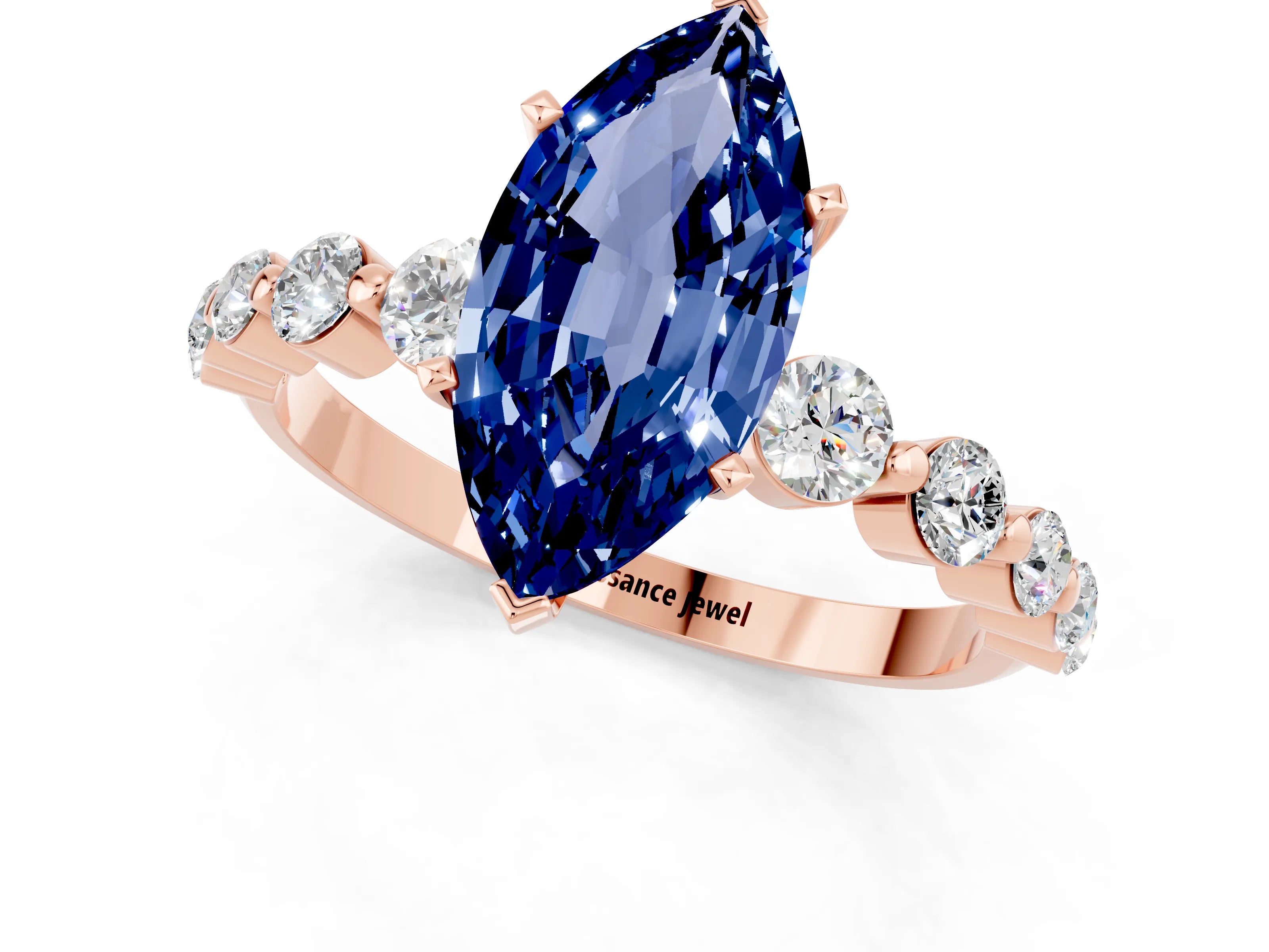 Rose gold Marquise Cut Solitaire Blue Sapphire Ring with Pave Band and Four-Prong Setting_1