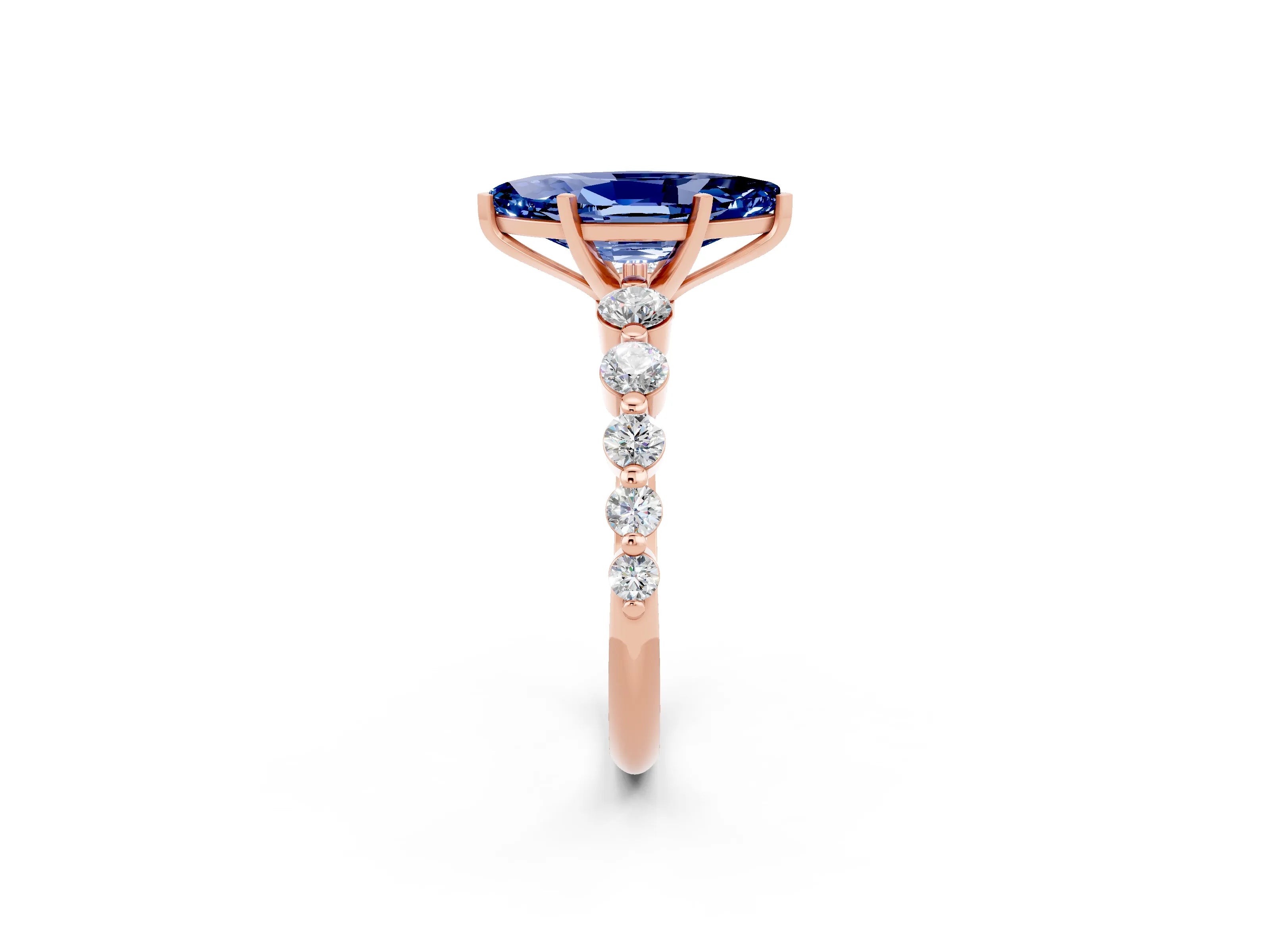 Rose gold Marquise Cut Solitaire Blue Sapphire Ring with Pave Band and Four-Prong Setting_2
