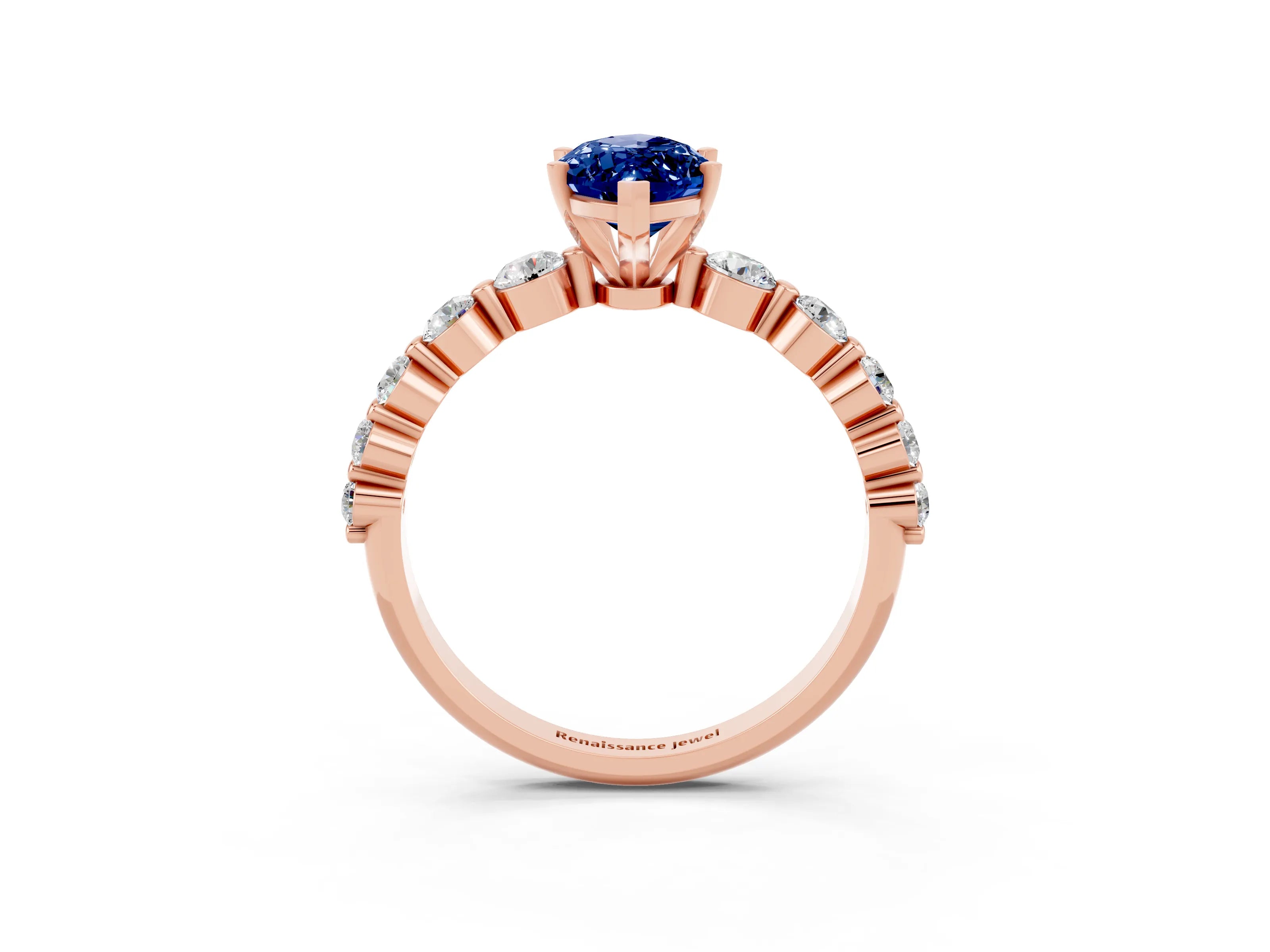 Rose gold Marquise Cut Solitaire Blue Sapphire Ring with Pave Band and Four-Prong Setting_3
