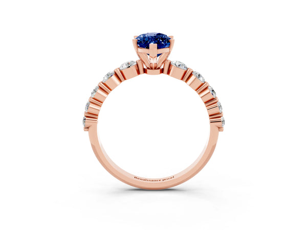 Rose gold Marquise Cut Solitaire Blue Sapphire Ring with Pave Band and Four-Prong Setting