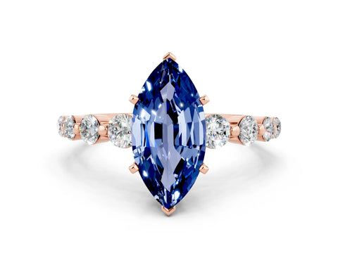Rose gold Marquise Cut Solitaire Blue Sapphire Ring with Pave Band and Four-Prong Setting