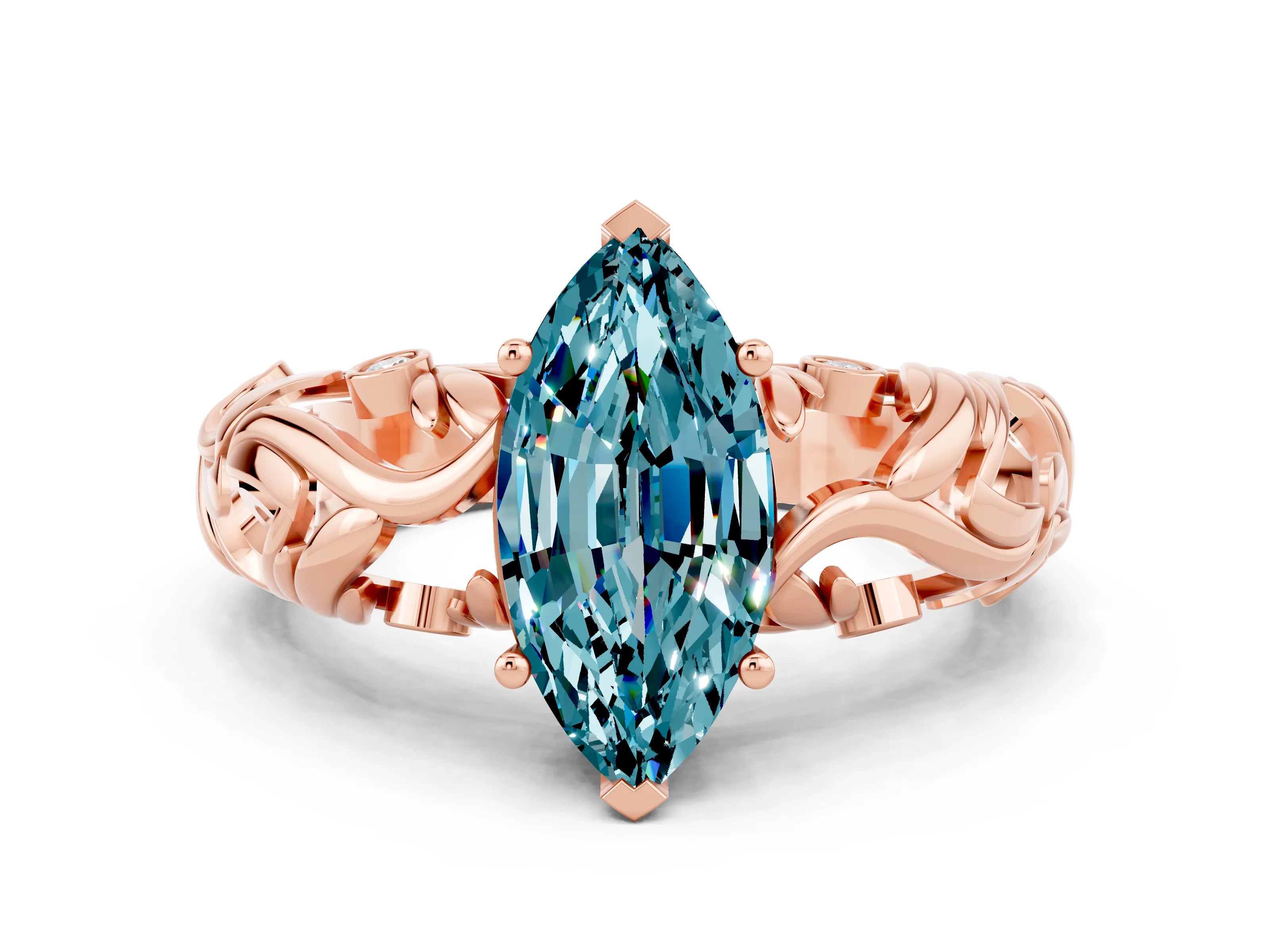 Rose gold Marquise Cut Solitaire Blue Topaz Leaf-Inspired Vine Band Ring with Prong Setting