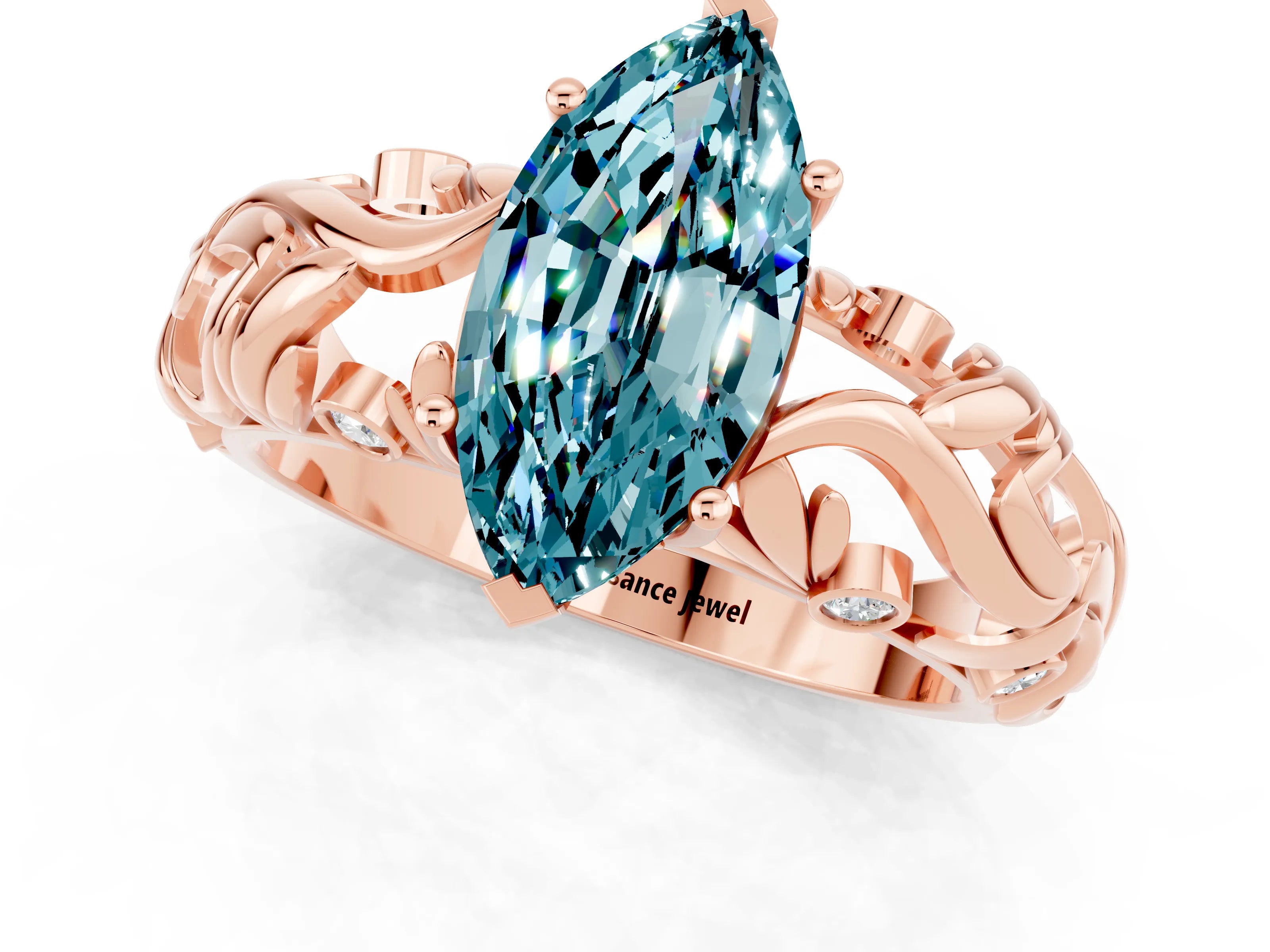 Rose gold Marquise Cut Solitaire Blue Topaz Leaf-Inspired Vine Band Ring with Prong Setting_1