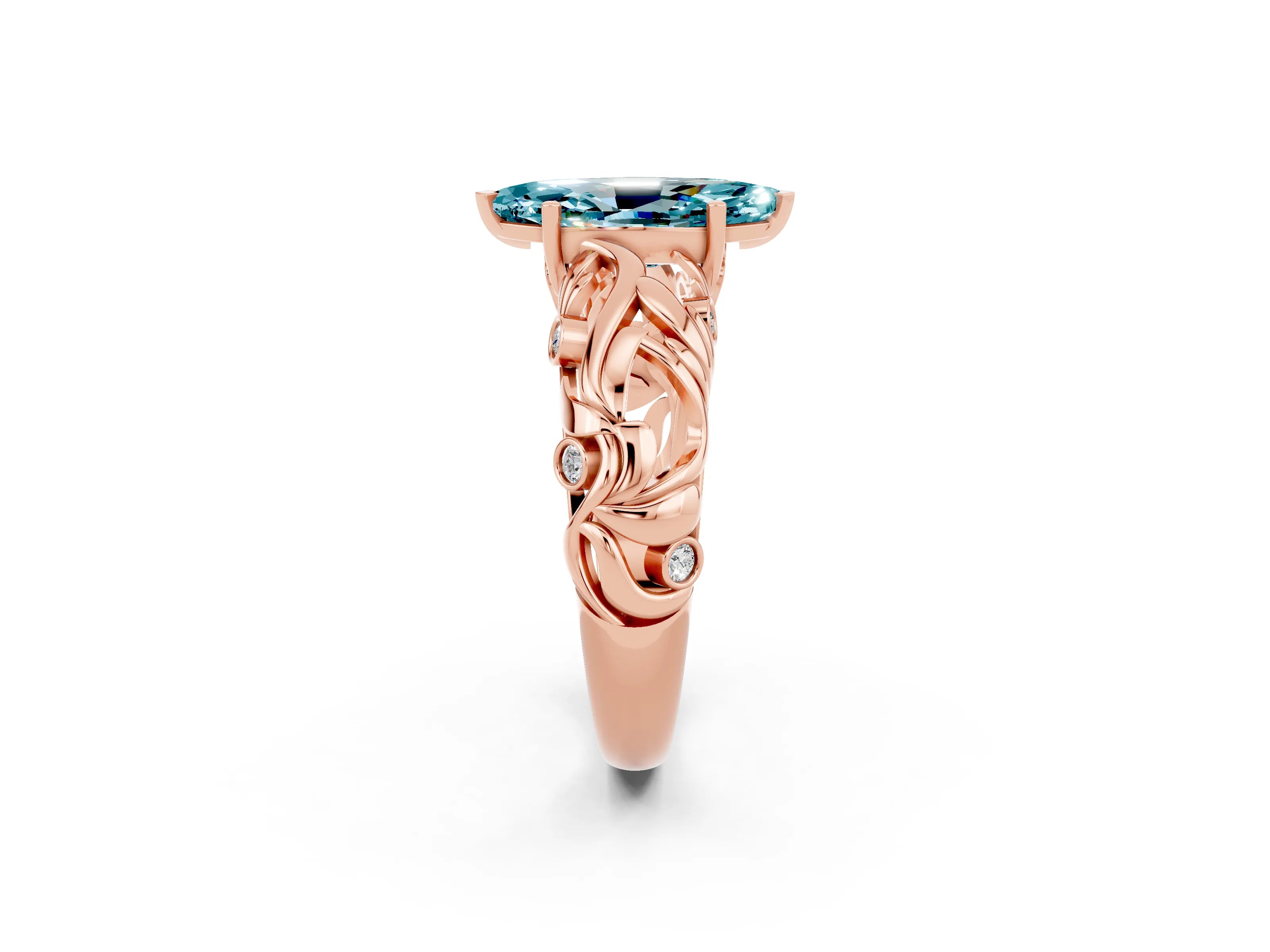 Rose gold Marquise Cut Solitaire Blue Topaz Leaf-Inspired Vine Band Ring with Prong Setting_2