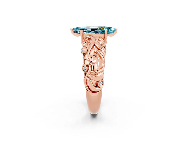Rose gold Marquise Cut Solitaire Blue Topaz Leaf-Inspired Vine Band Ring with Prong Setting