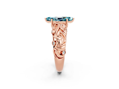 Rose gold Marquise Cut Solitaire Blue Topaz Leaf-Inspired Vine Band Ring with Prong Setting_2
