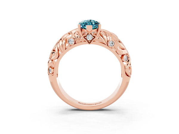 Rose gold Marquise Cut Solitaire Blue Topaz Leaf-Inspired Vine Band Ring with Prong Setting