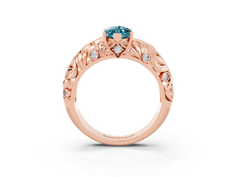 Rose gold Marquise Cut Solitaire Blue Topaz Leaf-Inspired Vine Band Ring with Prong Setting_3