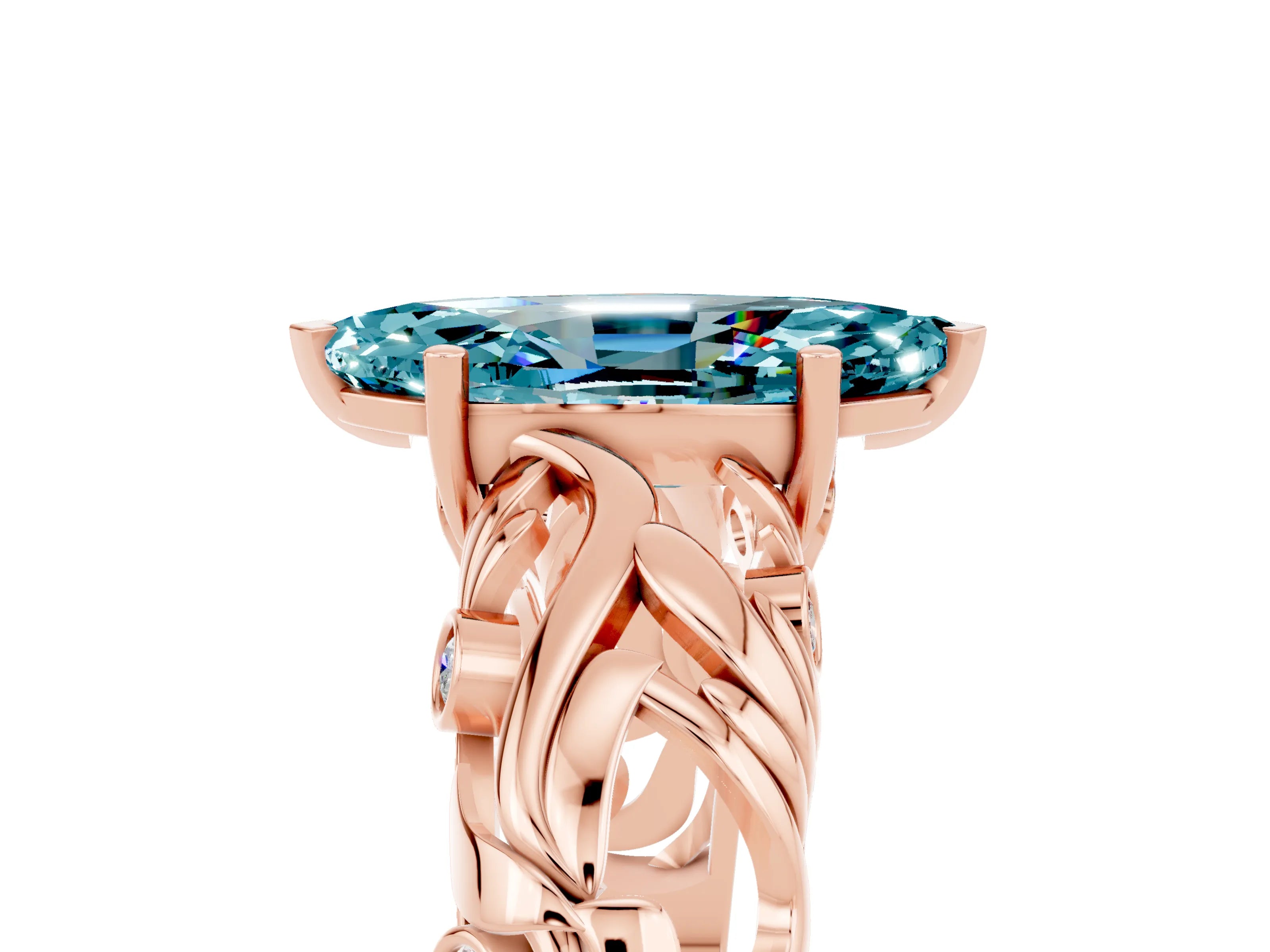 Rose gold Marquise Cut Solitaire Blue Topaz Leaf-Inspired Vine Band Ring with Prong Setting_5