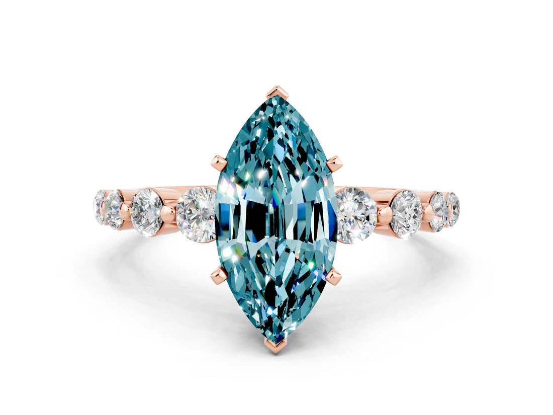 Rose gold Marquise Cut Solitaire Blue Topaz Ring with Pave Band and Four-Prong Setting