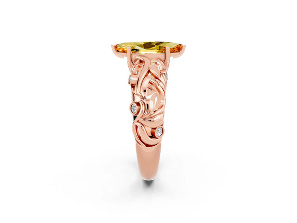 Rose gold Marquise Cut Solitaire Citrine Leaf-Inspired Vine Band Ring with Prong Setting