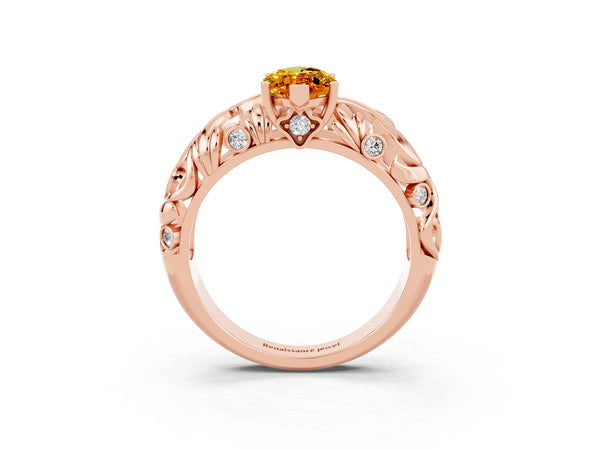 Rose gold Marquise Cut Solitaire Citrine Leaf-Inspired Vine Band Ring with Prong Setting