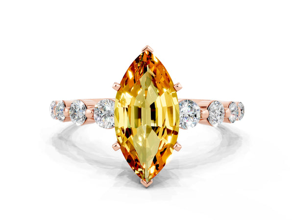 Rose gold Marquise Cut Solitaire Citrine Ring with Pave Band and Four-Prong Setting
