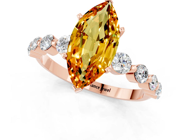 Rose gold Marquise Cut Solitaire Citrine Ring with Pave Band and Four-Prong Setting