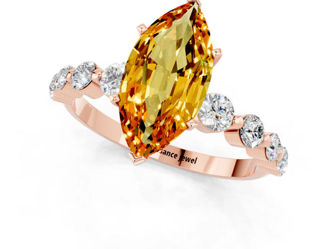 Rose gold Marquise Cut Solitaire Citrine Ring with Pave Band and Four-Prong Setting_1