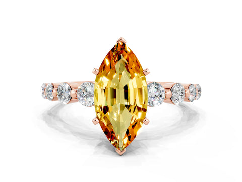 Rose gold Marquise Cut Solitaire Citrine Ring with Pave Band and Four-Prong Setting