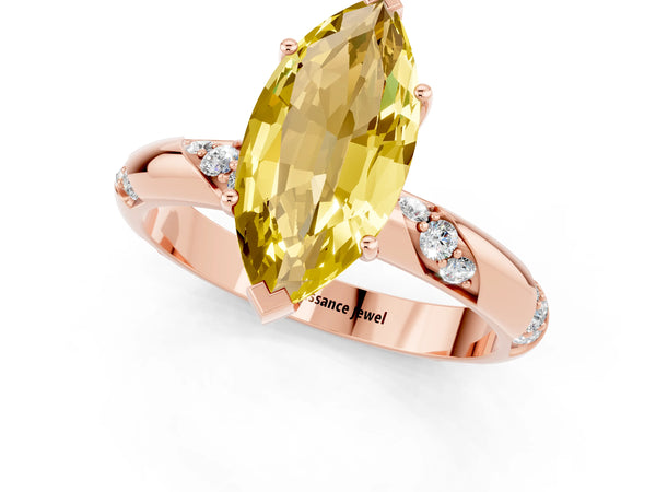 Rose gold Marquise Cut Yellow Sapphire Solitaire Engagement Ring with Twisted Round  Accent Band and Prong Setting