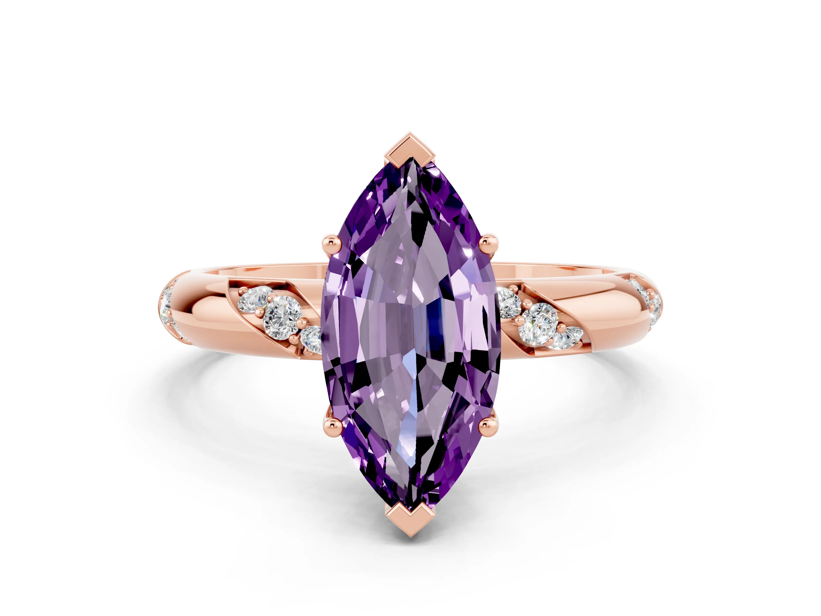 Rose gold Marquise Cut Solitaire Diamond Engagement Ring with Twisted Pave Band and Four-Prong Setting