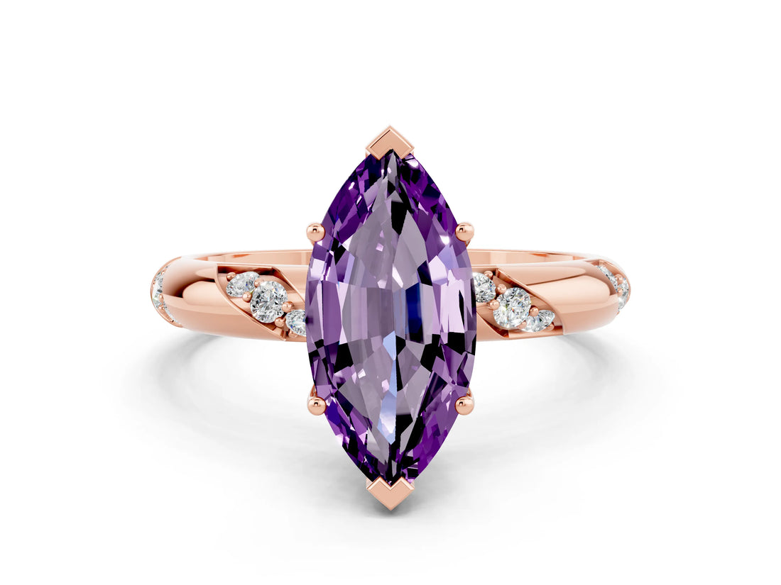 Rose gold Marquise Cut Solitaire Diamond Engagement Ring with Twisted Pave Band and Four-Prong Setting