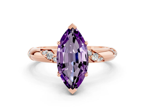 Rose gold Marquise Cut Solitaire Diamond Engagement Ring with Twisted Pave Band and Four-Prong Setting