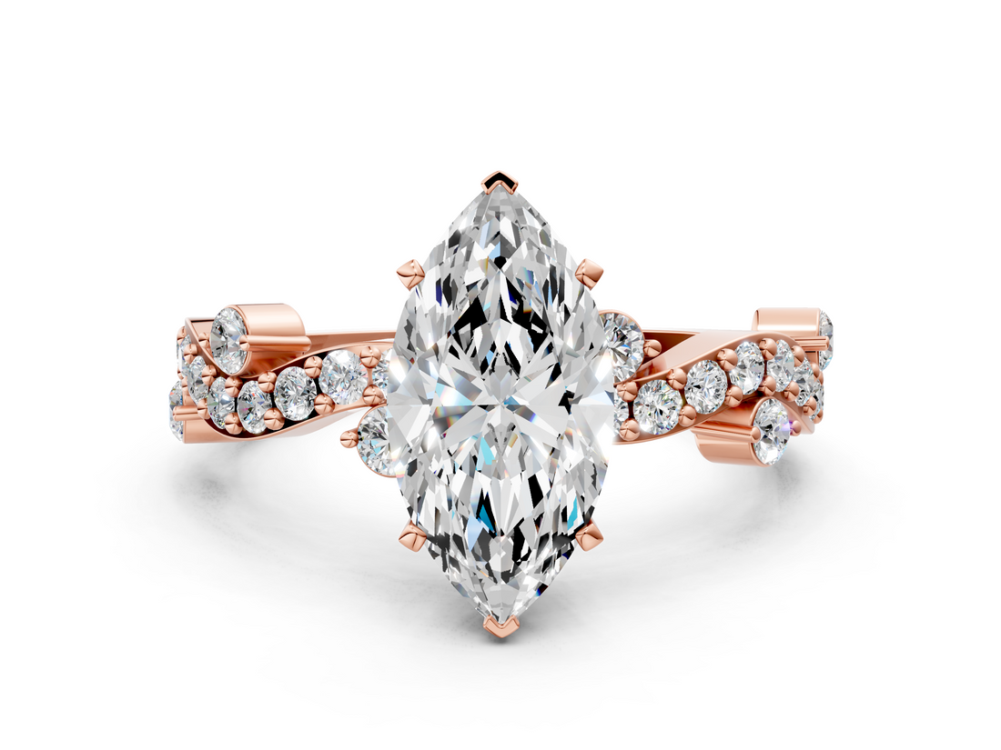 Rose gold Marquise Cut Solitaire Diamond Twisted Band with Pave Setting_68