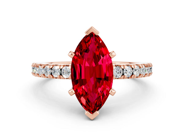 Rose gold Marquise Cut Solitaire Ruby with Pavé Band and Four-Prong Setting