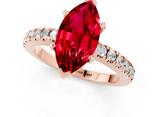 Rose gold Marquise Cut Solitaire Ruby with Pavé Band and Four-Prong Setting