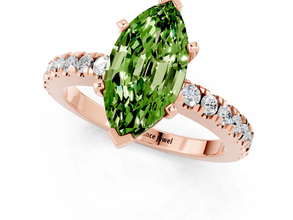 Rose gold Marquise Cut Solitaire Peridot with Pavé Band and Four-Prong Setting