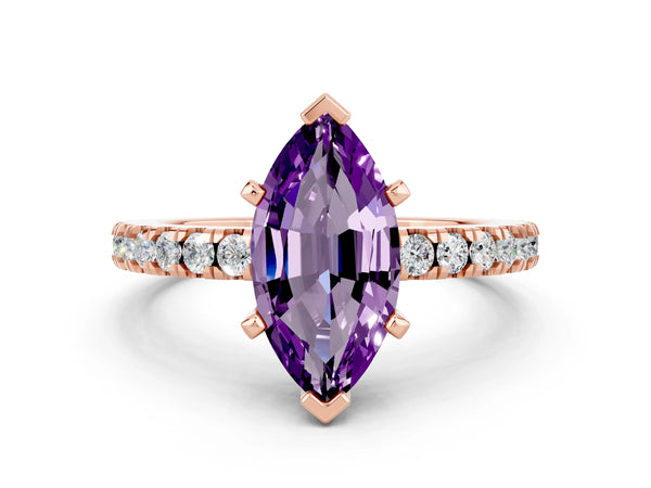 Rose gold Marquise Cut Solitaire Amethyst with Pavé Band and Four-Prong Setting