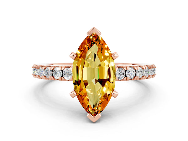 Rose gold Marquise Cut Solitaire Citrine with Pavé Band and Four-Prong Setting