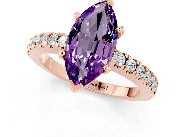 Rose gold Marquise Cut Solitaire Amethyst with Pavé Band and Four-Prong Setting