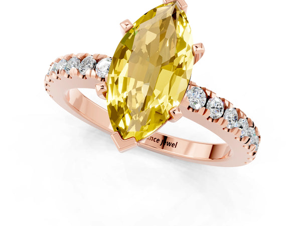 Rose gold Marquise Cut Solitaire Yellow Sapphire with Pavé Band and Four-Prong Setting