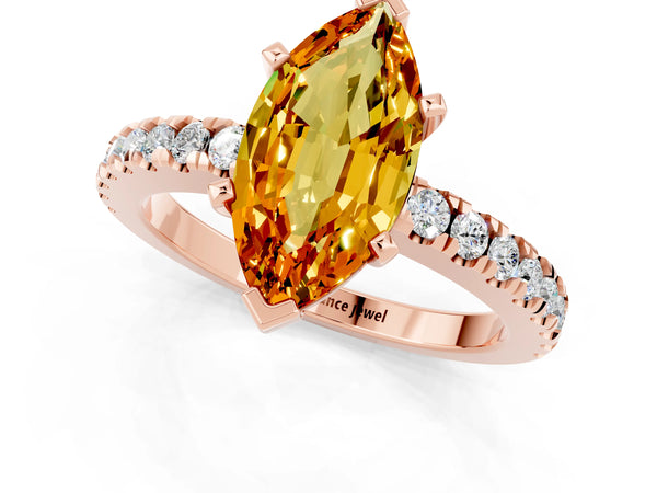 Rose gold Marquise Cut Solitaire Citrine with Pavé Band and Four-Prong Setting