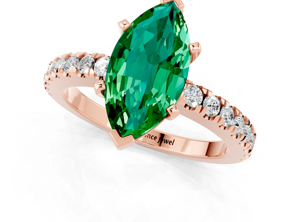 Rose gold Marquise Cut Solitaire Emerald with Pavé Band and Four-Prong Setting