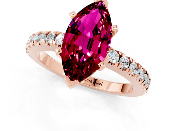 Rose gold Marquise Cut Solitaire Garnet with Pavé Band and Four-Prong Setting
