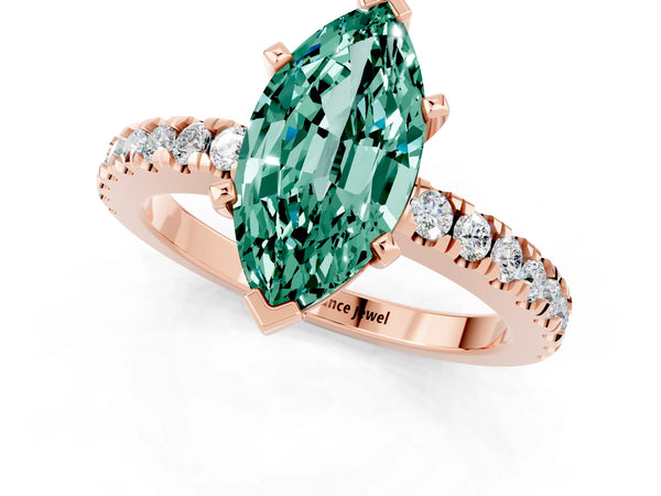 Rose gold Marquise Cut Solitaire Green Sapphire with Pavé Band and Four-Prong Setting
