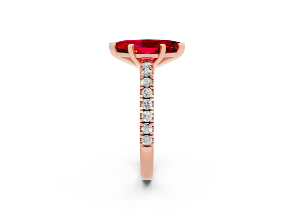 Rose gold Marquise Cut Solitaire Ruby with Pavé Band and Four-Prong Setting