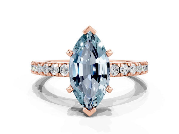Rose gold Marquise Cut Solitaire Aquamarine with Pavé Band and Four-Prong Setting