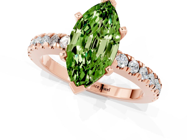 Rose gold Marquise Cut Solitaire Peridot with Pavé Band and Four-Prong Setting