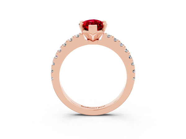 Rose gold Marquise Cut Solitaire Ruby with Pavé Band and Four-Prong Setting