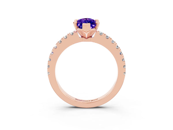 Rose gold Marquise Cut Solitaire Tanzanite with Pavé Band and Four-Prong Setting