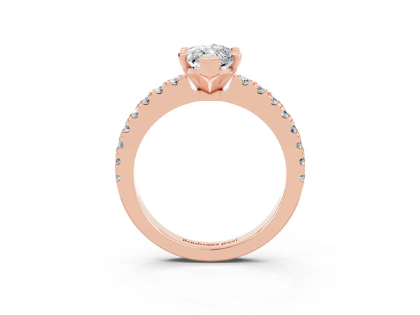 Rose gold Marquise Cut Solitaire Moissanite with Pavé Band and Four-Prong Setting