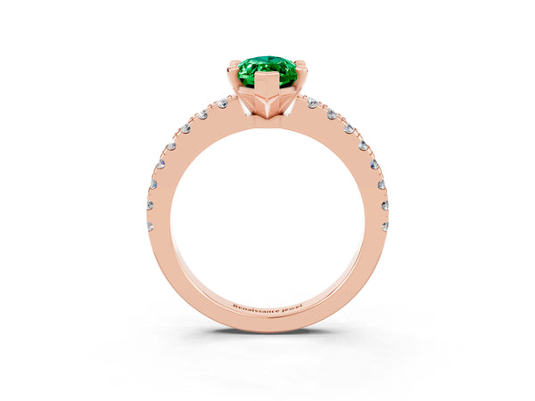 Rose gold Marquise Cut Solitaire Emerald with Pavé Band and Four-Prong Setting