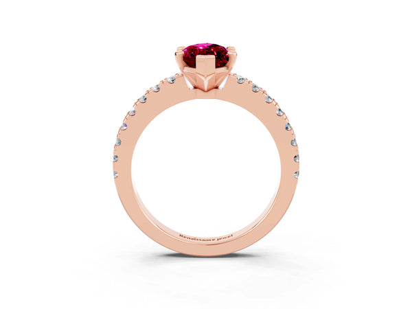 Rose gold Marquise Cut Solitaire Garnet with Pavé Band and Four-Prong Setting