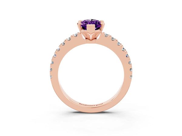 Rose gold Marquise Cut Solitaire Amethyst with Pavé Band and Four-Prong Setting