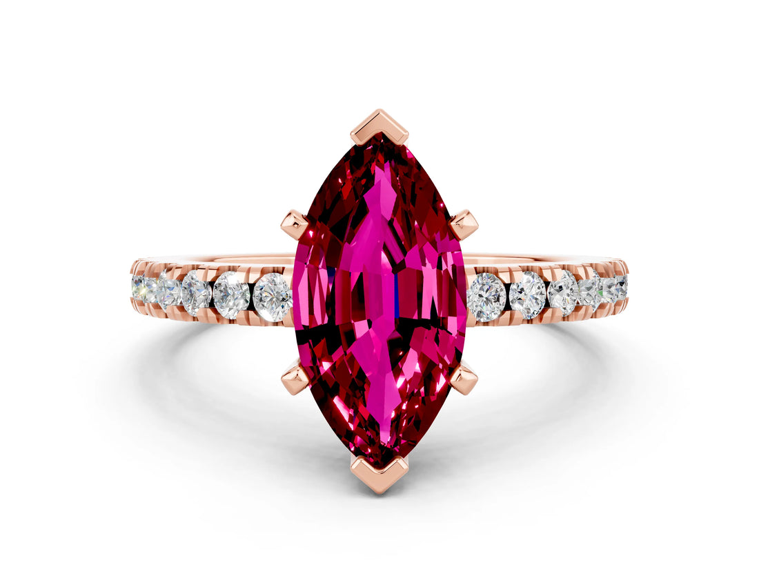 Rose gold Marquise Cut Solitaire Diamond with Pavé Band and Four-Prong Setting