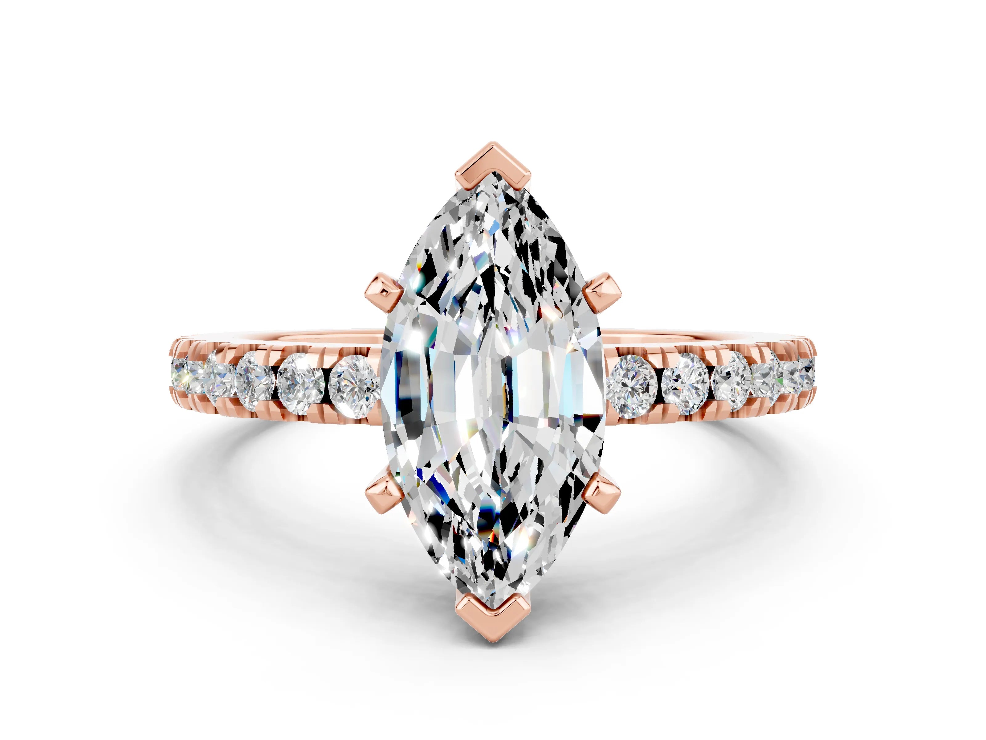 Rose gold Marquise Cut Solitaire Diamond with Pavé Band and Four-Prong Setting