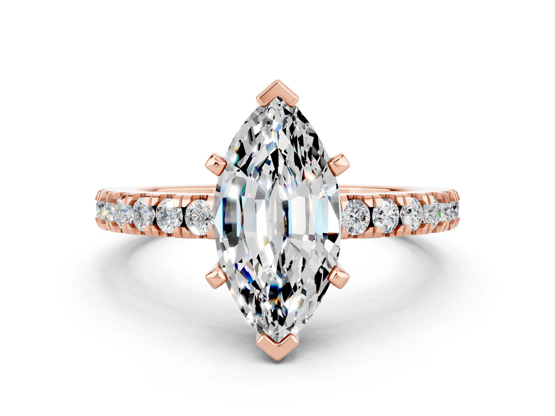 Rose gold Marquise Cut Solitaire Diamond with Pavé Band and Four-Prong Setting