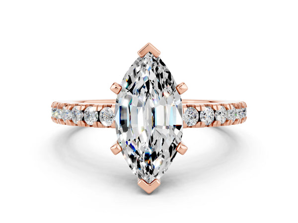Rose gold Marquise Cut Solitaire Moissanite with Pavé Band and Four-Prong Setting